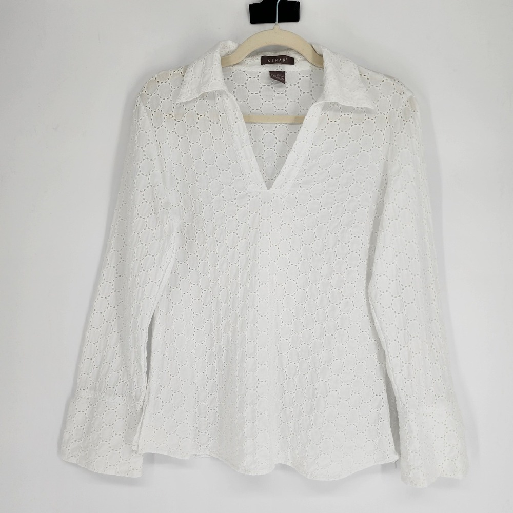 Womens 100% Cotton Eyelet Shirt Large Minimalist Summer Capsule Beach White Boho